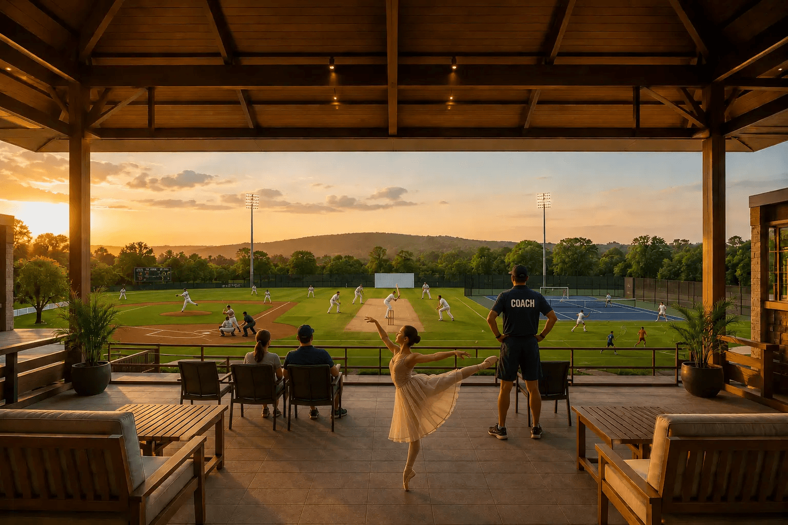 Coaches, players, and families gathered across cricket, tennis, soccer, and dance at a sports pavilion
